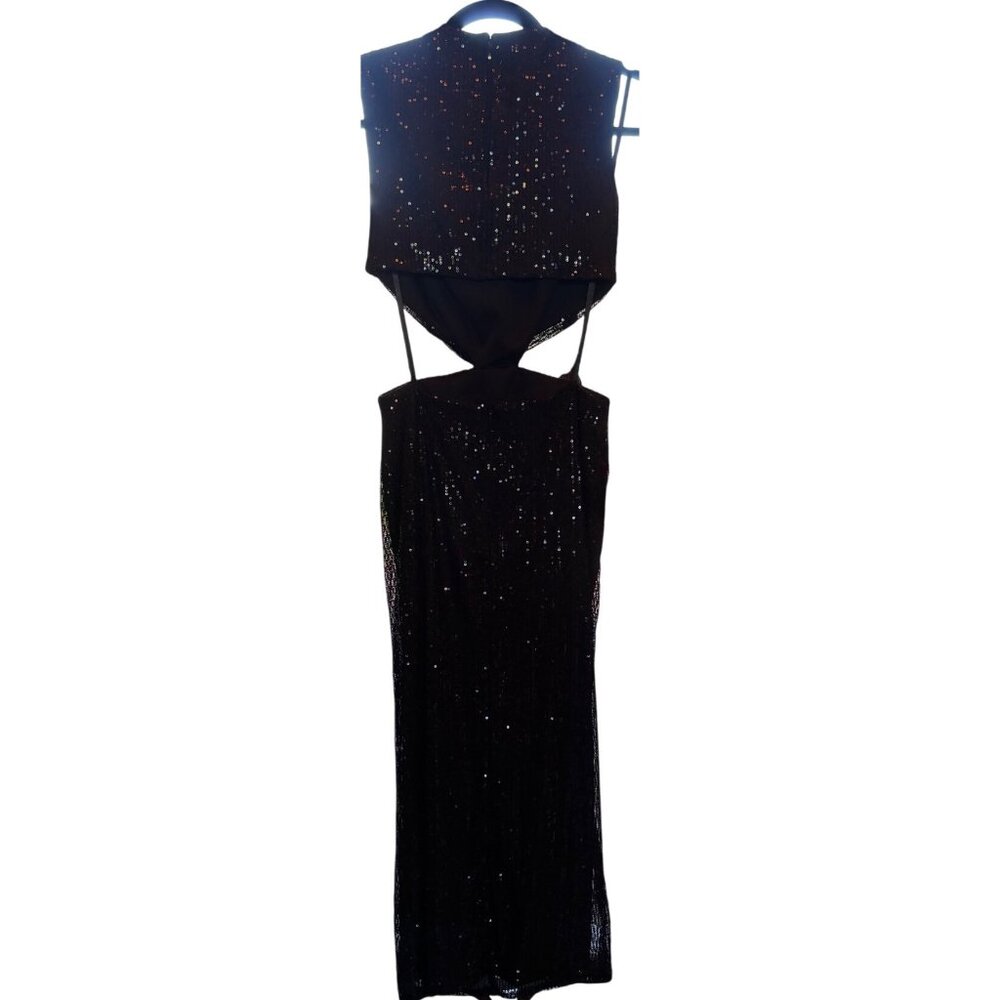 Mac Duggal Sequin Front Twist Cut Out Midi Sheath Dress Black Size 0 New W Tag - Picture 4 of 16
